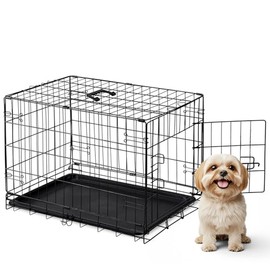 DUMOS Dog Crate, 30 Inch Medium Size Single Door Dog Cage with Plastic Leak-Proof Pan Tray, Folding Small Metal Wire Pet Kennel for Indoor, Outdoor, Travel