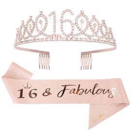 Mikccer Rose Gold 16th Birthday Sash and 16 Birthday Tiara, Rhinestone Crown Headband for 16th Birthday Gifts, 16th Birthday Decoration Party Accessories for Girls