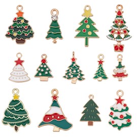SUNNYCLUE 1 Box 52Pcs Christmas Tree Charms Green Enamel Charm Winter Xmas Trees Rhinestone Charms Snow Assorted Cute Christmas Charms for jewellery Making Charm DIY Necklace Earrings Bracelets Craft