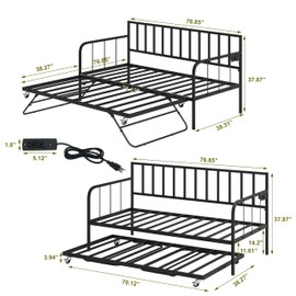 SogesGame Daybed with Charging Station and LED Lights, Twin Daybed with Trundle, Metal Sofa Bed Frame with Steel Slat Support for Living Room, Bedroom and Guest Room, Black