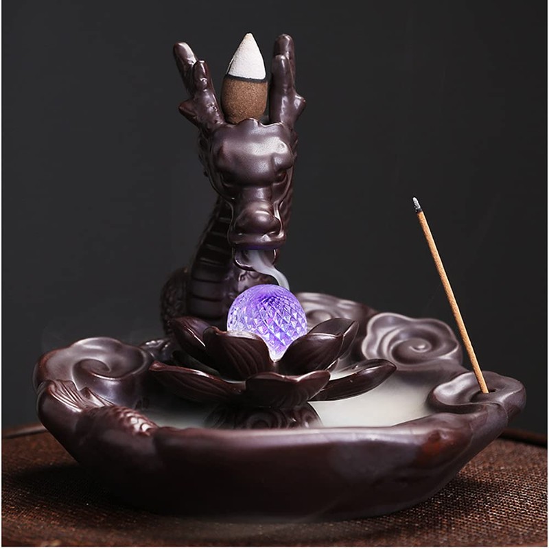 Dragon Incense Waterfall Burner with Multicolour Crystal Ball Ceramic Backflow