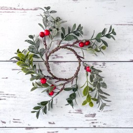 Unbranded Frosted Green Leaf With Red Berry Candle / Napkin Ring 2.5" Diameter Christmas