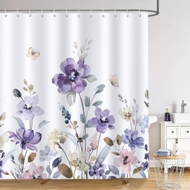 Boho Floral Shower Curtain, Cream Tan Beige Blue Grey White Watercolor Flower Fabric Shower Curtains Set for Bathroom Decoration with Hooks 72 X 72 inch Cute Farmhouse Bath Decor