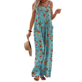 YESNO Women's Summer Casual Overalls Loose Wide Leg Jumpsuits Boho Floral Printed Baggy Rompers with Pockets XL PZH CR14