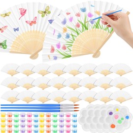 Maitys 96 Pcs/24 Set Blanks Paper Fans with Acrylic Paint Set White Folding Hand Decorative Fans Bulk DIY Crafts for Wedding, Outdoor Party Favors, Bridal Shower DIY Decoration Photography Props