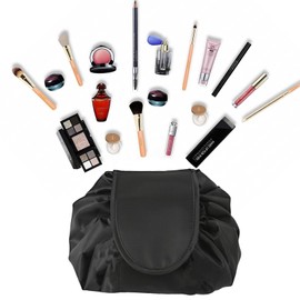 Drawstring Makeup Bag,Flat Lay Makeup Bag,Large Capacity Waterproof Portable Draw String Make Up Bags for Women Magic Travel Cosmetic Pouch Toiletry Organizer Small Pocket for Lazy Ladies Girl Black