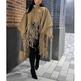 xxxiticat Women's Fringe Suede Poncho Long Sleeve High Neck Asymmetric Tassel Shawl Cape Cloak Oversized Pullover Jacket(CM,L)