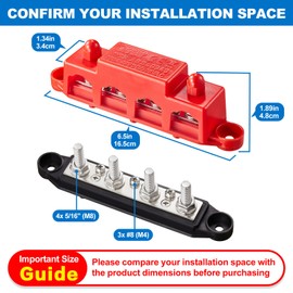 Spurtar 12V Bus Bar 12V Power Distribution Block with 4X 5/16'' M8 Terminal Studs, 3X #8 M4 Screws Bus Bar Terminal Block 12V 24V 48V 250A for Car Truck RV ATV Boat Trailer Red Black Pair