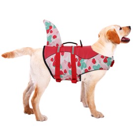ASENKU Dog Life Jacket - Pet Safety Vest for Swimming & Boating, Shark Life Jacket with Floatation for Small to Large Dogs (Strawberry, L)