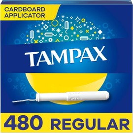 Tampax Cardboard Tampons Regular Absorbency, Anti-Slip Grip, LeakGuard Skirt, Unscented, 480 Count (40 Count x12 Packs