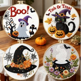 Zhenqing 4-Piece Halloween Embroidery Kit for Beginners - Spooky Ghost, Witch Hat, Black Cat & Cauldron Designs with Pre-Printed 29x29cm Cotton Fabric, Hoop, Threads & Tools(C0165)