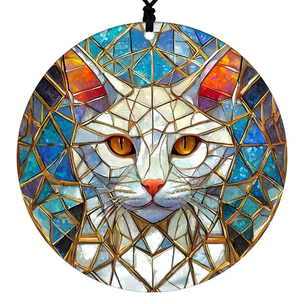 White Cat Christmas Ornament - Faux Stained Glass Embossed Design
