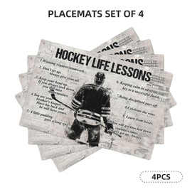 Farmhouse Ice Hockey Placemats Set of 4 Rustic Hockey Sports Place Mats Double-Sided Printing Table Mats for Kitchen Dining Room Restaurants Decor Imitation Linen 12x18inch 4pcs