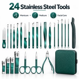 24-Piece Stainless Steel Manicure Pedicure Set – Green Nail Clippers, Facial Grooming Tools & Portable Travel Case