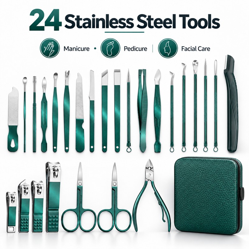 24-Piece Stainless Steel Manicure Pedicure Set – Green Nail Clippers,