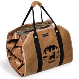 ART-GIFTREE Large Firewood Carrier Waxed Canvas Logs Carrier Tote Bag with Handles, 39 X 18 Heavy Duty Wood Holder for Fireplace - Reindeer