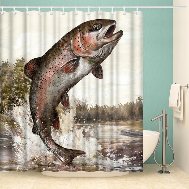OuElegent Fish Shower Curtain Trout Fish Jumping Bathroom Curtain Lake