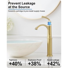 HEYMYTAP Tall Vessel Sink Faucet, Brass Waterfall Bathroom Sink Faucet Single Handle, Gold Bathroom Faucet 1 Hole, Tall Bathroom Faucets with Pop-Up Drain Water Supply Hoses