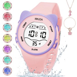 HMJIA Children's Watch Girls with Cat Motif Necklace Set 3ATM Waterproof Watch with Alarm Stopwatch LED Light Children's Watch Digital Birthday for 3-12 Years Girls, pink, Strap.
