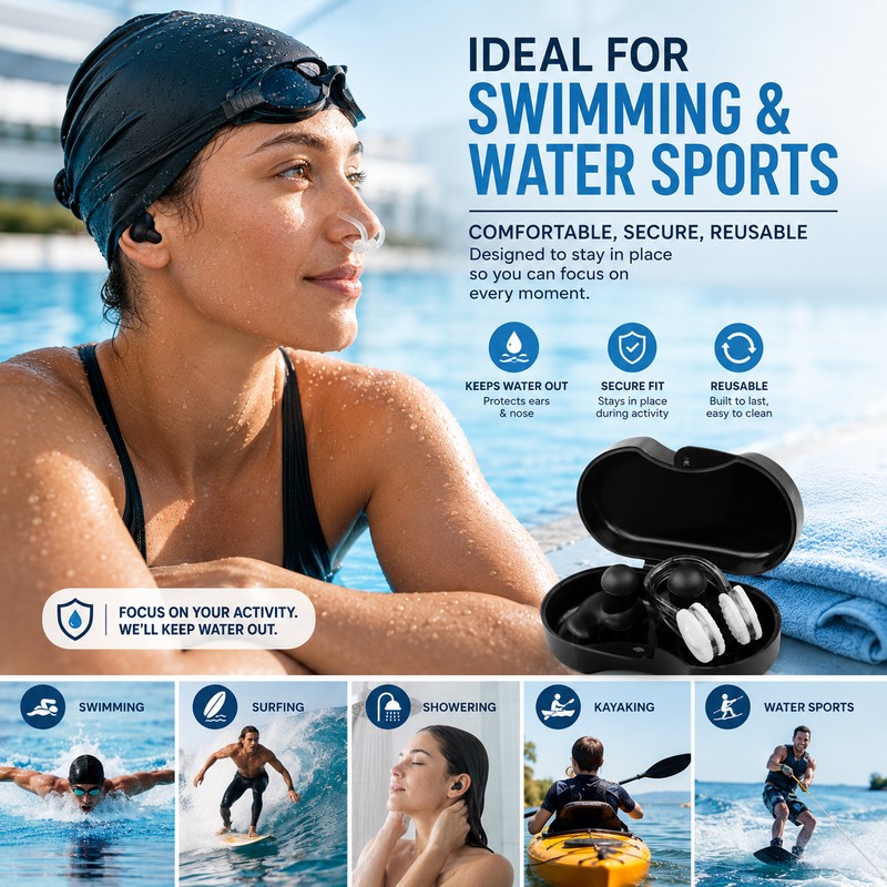 Swimming Earplugs & Nose Clip Set for Adults – Reusable