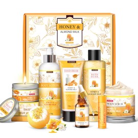 Regalos para mujeres, regalos de cumpleaños para mujeres, set de regalos de 9 piezas de leche de almendra y miel para baño y cuerpo, cesta de regalos de spa de autocuidado, set de baño relajante para