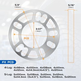4 Pack Universal Wheel Spacers, 8mm (5/16") Thick, Fits 4 & 5 Lug Wheels, Bolt Patterns 4x98/100/108/114.3 & 5x100/105/108/110/112/114.3(5x4.5)/120 - Heavy-Duty Car/Truck Rim Replacement