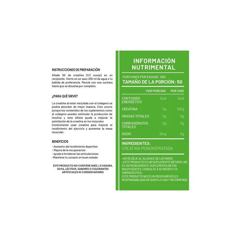 Creatina Monohidratada Green 1 Kg 200 Servicios Sabores