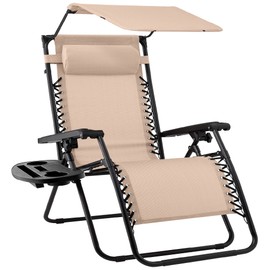 Best Choice Products Folding Zero Gravity Outdoor Recliner Patio Lounge Chair w/Adjustable Canopy Shade, Headrest, Side Accessory Tray, Textilene Mesh - Sand