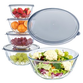 Luvan 5-Piece Glass Mixing Bowls Set with Lids - Clear Salad Bowls with Lids Set, Diamond Pattern Large Glass Mixing Bowl for Baking Prep, Serving & Storage