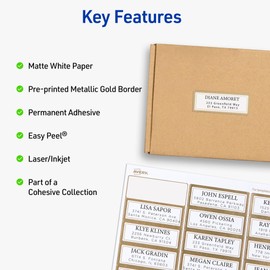 Avery Printable Address Labels, 1" x 2-5/8", Matte White with Metallic Gold Borders, Permanent, Laser & Inkjet Compatible, 300 Blank Mailing Labels, Great for Weddings, Favors, and More (06540)