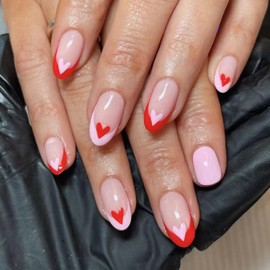 Valentine's Day Press on Nails French Tips Oval Glossy Full Cover Artificial Short False Nails with Heart Designs Reusable Acrylic Heart Fake Nails with Glue Stick on Fingernails for Women Girls