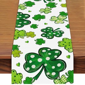 72 x 13 Inch St. Patrick's Day Table Runner Decorations, Linen Green Shamrock and Polka Dot Clover Pattern Table Runner for Irish Celebration, Home, Mantel, Dining Decor, Spring Party Supplies