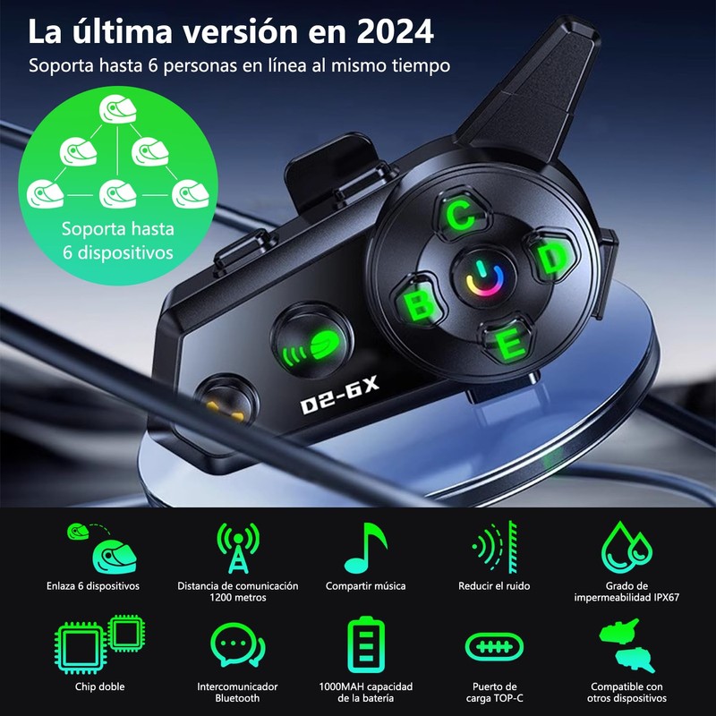 URPOW D2-6X Motocicleta Auricular Bluetooth, 2 Juegos intercomunicador para Casco,