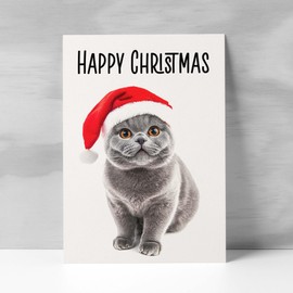 Postcard Prints - Fun Christmas Card of a British Shorthair Cat Wearing A Santa Hat Whimsical Christmas Card For Animal Lover For Him or Her