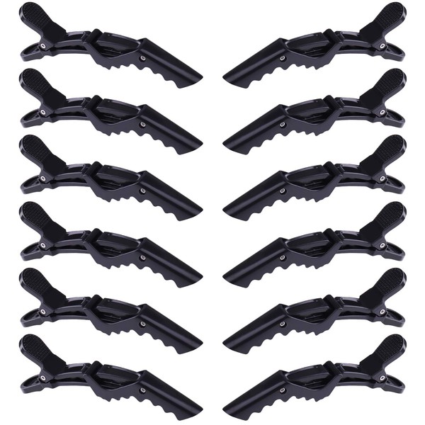 GLAMFIELDS 12 pcs Black Alligator Hair Clips for Women Styling Sectioning Salon, Professional Durable Non-slip Plastic Grip Clip for Hair Cutting Wide Teeth & Double-Hinged Design