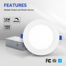 ECOELER 6 Inch Ultra Thin LED Recessed Ceiling Lights, Smooth Trim Canless Downlight,12W 1100Lm 5000K Daylight, Dimmable, Wafer Thin, Slim LED Panel with Junction Box, ETL Listed, 6 Pack