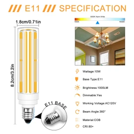 TZHILAN E11 Led Bulb Dimmable, COB Light Bulbs 100 Watt Soft White 2700K 1100LM for Chandeliers,Candelabra,Ceiling Fan,Cabinet Lighting AC120V,2 Pack