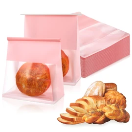 100 Pcs Pink Resealable Kraft Paper Bread Loaf Bag for Homemade Sourdough Bread, 8.6 x 4.3 x 11 Inches Food Packaging Bakery Bag with Front Window and Tin Tie Tab Lock for Gifting & Bake Sale