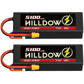Hilldow 7.4V Lipo Battery 2S 85C 5100mAh Lipos Hard Case Rechargeable Batteries with XT60 Connector for 1/8 1/10 RC Vehicles Car RC Buggy Truggy RC Airplane UAV Drone(2 Packs)