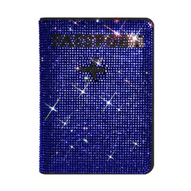 Passport Holder Cover,Crystal Diamond Ladies Key Purse Bag Passport Holder Case Leather Travel Documents Organizer Protector with Bling Rhinestone Luggage Tag, Blue, Bling & Fashion