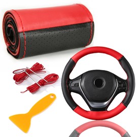 Echtes Leder Lenkradbezug, Lenkradbezug Zum Nähen, Lenkradbezug Leder Universal Passform 37-39 cm Autolenkräder, Zweifarbiger Lenkradbezug aus Leder (Schwarz Rot)