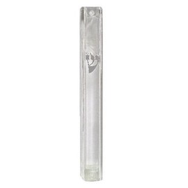 Art Judaica Mezuzah Plastic Clear with Silver Shin 12cm with Rubber Plug