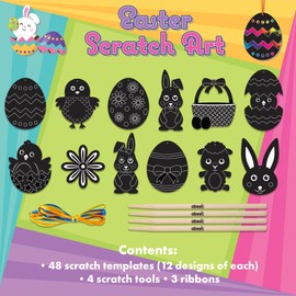 abeec Easter Rainbow Scratch Art Kit For Kids - Easter Decorations Craft -Contains: 48 x Scratch Templates, 4 x Scratch Tools, 4 x Ribbons - Easter Craft Kits For Kids - Easter Scratch Art