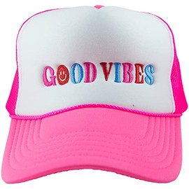 Happy Good Vibes Foam Trucker Hat (Hot Pink & White)