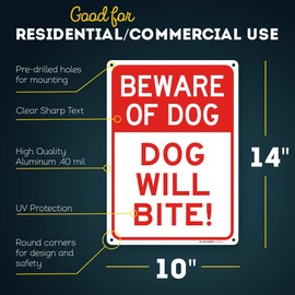 Beware of Dog Sign, Warning Dog Will Bite 10” x 14” Industrial Grade Aluminum, Easy Mounting, Rust-Free/Fade Resistance, Indoor/Outdoor, USA Made by MY SIGN CENTER