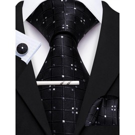 YOHOWA Black Tie for Men with Tie Clip Extra Long Plaid Silk Necktie Pocket Square Cufflinks Set Formal Wedding Party Business