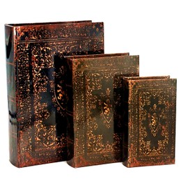 Bellaa Decorative Book Box Antiques Vintage Retro Invisible Secret Storage Faux Leather Wood Magnetic Set of 3 (Gold Foil A)