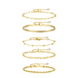 Dainty Gold Women Chain Bracelets - 18K Gold Plated Layered Bracelets Set for Women, Stainless Steel Stackable Figaro Cuban Paperclip Snack Link Chain, Adjustable Women Bracelet Gift(5Pcs,Gold)