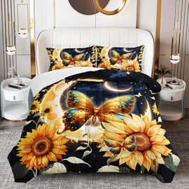 OUIXOTIC Yellow Butterfly Comforter Set for Girls Women and Adults, Glowing Moon and Sunflower Pattern Bedding Set Queen Size with 1 Comforter 1 Pillowcase