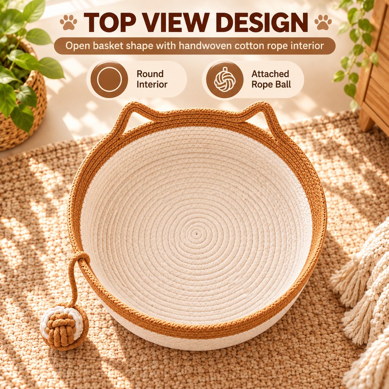 Interactive Woven Cat Bed with Toy Tail – 3-in-1 Cotton